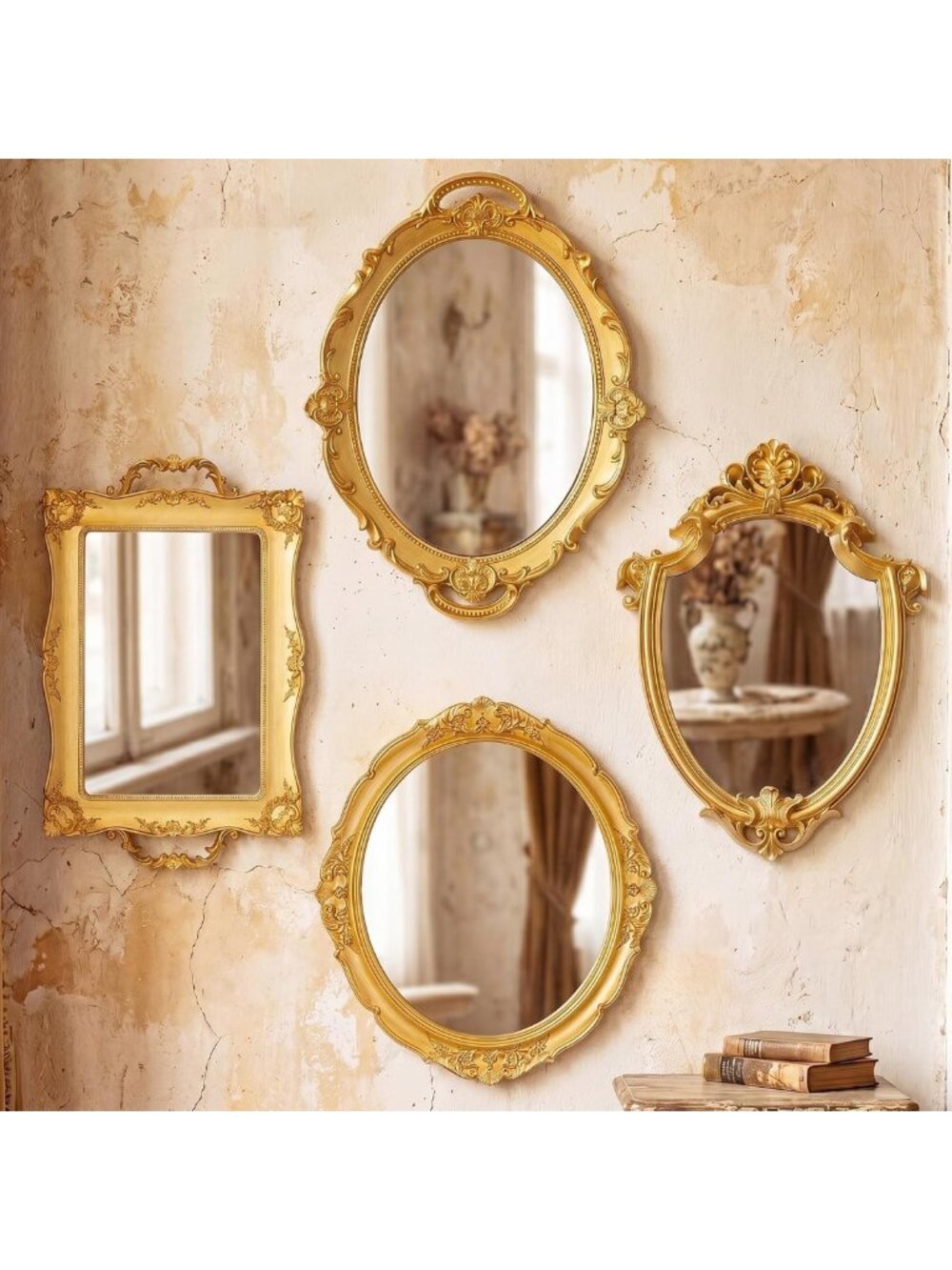 Vintage Gold Wall Mirror Set - 4 Pcs Decorative Antique Mirrors for Home Decor